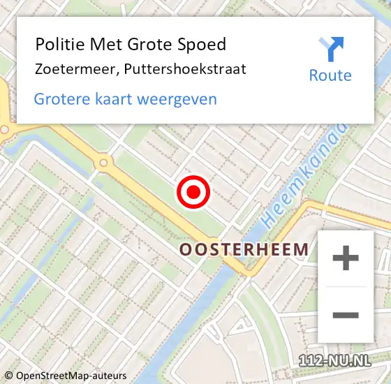 Locatie op kaart van de 112 melding: Politie Met Grote Spoed Naar Zoetermeer, Puttershoekstraat op 2 december 2024 17:11