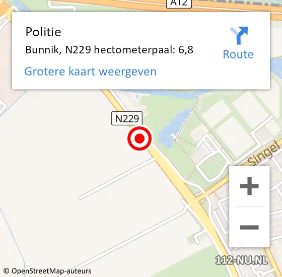 Locatie op kaart van de 112 melding: Politie Bunnik, N229 hectometerpaal: 6,8 op 2 december 2024 17:30