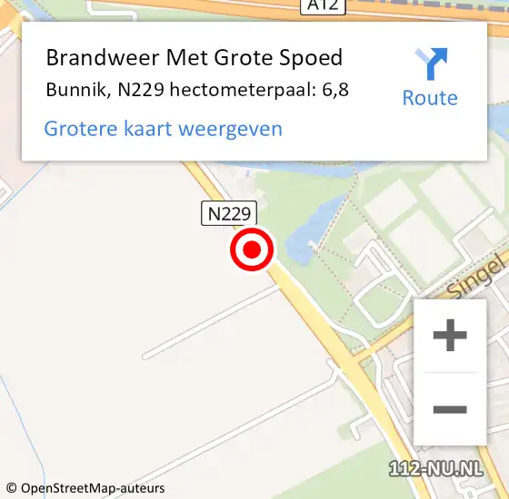 Locatie op kaart van de 112 melding: Brandweer Met Grote Spoed Naar Bunnik, N229 hectometerpaal: 6,8 op 2 december 2024 17:38