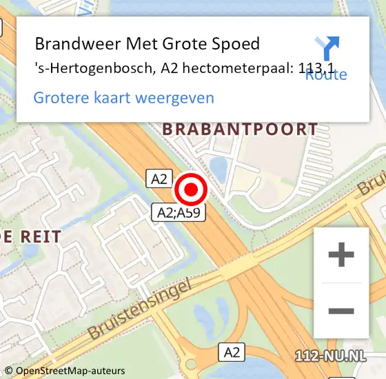 Locatie op kaart van de 112 melding: Brandweer Met Grote Spoed Naar 's-Hertogenbosch, A2 hectometerpaal: 113,1 op 2 december 2024 18:09