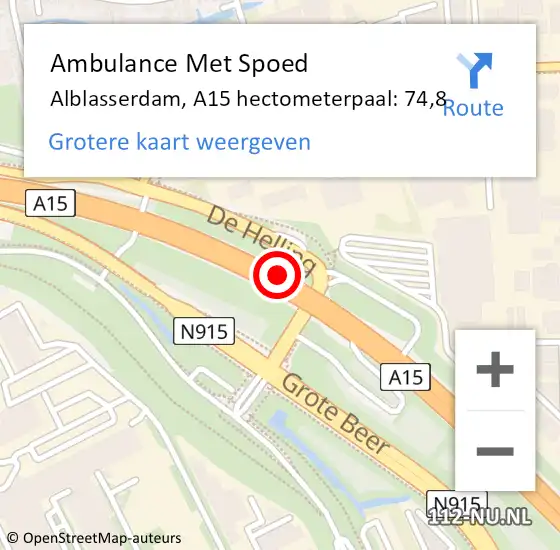 Locatie op kaart van de 112 melding: Ambulance Met Spoed Naar Alblasserdam, A15 hectometerpaal: 74,8 op 2 december 2024 18:19