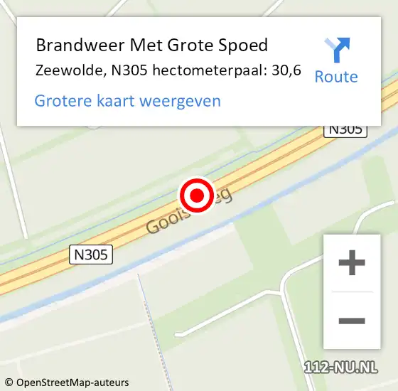 Locatie op kaart van de 112 melding: Brandweer Met Grote Spoed Naar Zeewolde, N305 hectometerpaal: 30,6 op 2 december 2024 18:22