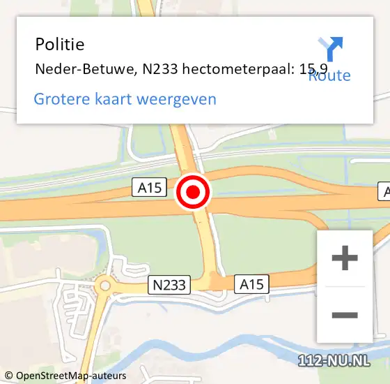 Locatie op kaart van de 112 melding: Politie Neder-Betuwe, N233 hectometerpaal: 15,9 op 2 december 2024 20:14