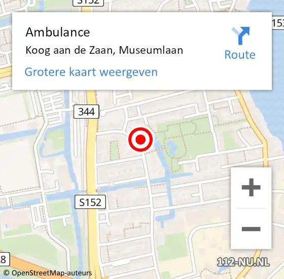 Locatie op kaart van de 112 melding: Ambulance Koog aan de Zaan, Museumlaan op 2 december 2024 20:25