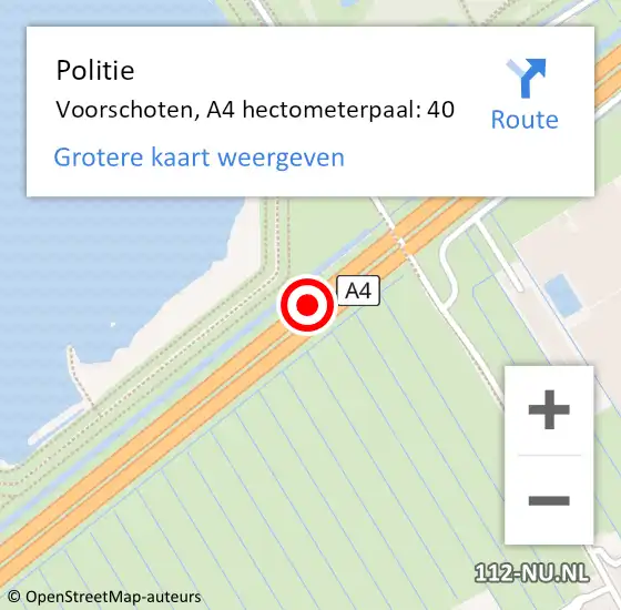 Locatie op kaart van de 112 melding: Politie Voorschoten, A4 hectometerpaal: 40 op 3 december 2024 00:52