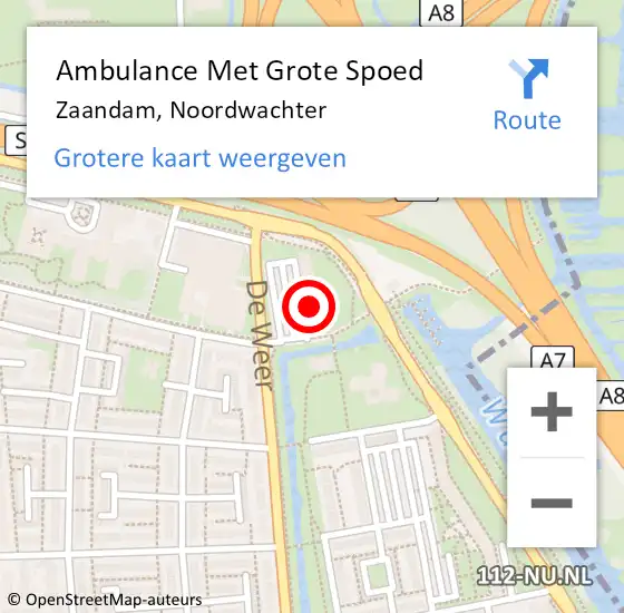 Locatie op kaart van de 112 melding: Ambulance Met Grote Spoed Naar Zaandam, Noordwachter op 3 december 2024 02:18