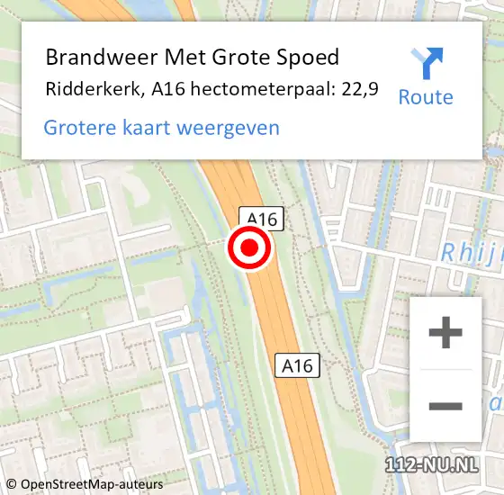 Locatie op kaart van de 112 melding: Brandweer Met Grote Spoed Naar Ridderkerk, A16 hectometerpaal: 22,9 op 3 december 2024 06:43