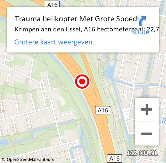 Locatie op kaart van de 112 melding: Trauma helikopter Met Grote Spoed Naar Krimpen aan den IJssel, A16 hectometerpaal: 22,7 op 3 december 2024 06:45