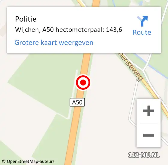 Locatie op kaart van de 112 melding: Politie Wijchen, A50 hectometerpaal: 143,6 op 3 december 2024 06:46