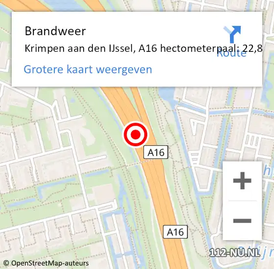 Locatie op kaart van de 112 melding: Brandweer Krimpen aan den IJssel, A16 hectometerpaal: 22,8 op 3 december 2024 06:50