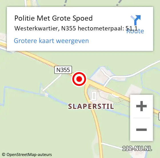 Locatie op kaart van de 112 melding: Politie Met Grote Spoed Naar Westerkwartier, N355 hectometerpaal: 51,1 op 3 december 2024 07:11