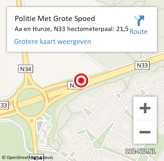 Locatie op kaart van de 112 melding: Politie Met Grote Spoed Naar Aa en Hunze, N33 hectometerpaal: 21,5 op 3 december 2024 07:39