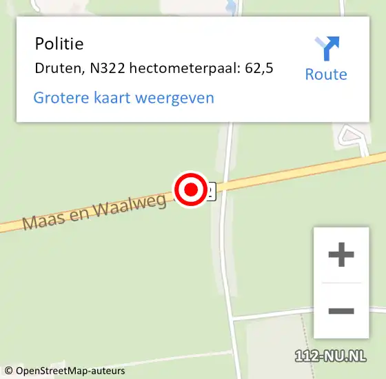 Locatie op kaart van de 112 melding: Politie Druten, N322 hectometerpaal: 62,5 op 3 december 2024 07:57