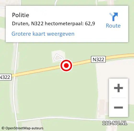 Locatie op kaart van de 112 melding: Politie Druten, N322 hectometerpaal: 62,9 op 3 december 2024 07:58