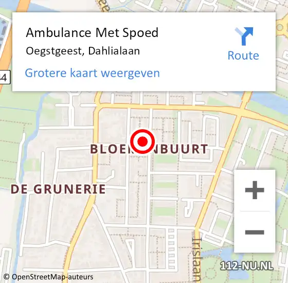 Locatie op kaart van de 112 melding: Ambulance Met Spoed Naar Oegstgeest, Dahlialaan op 3 december 2024 08:33