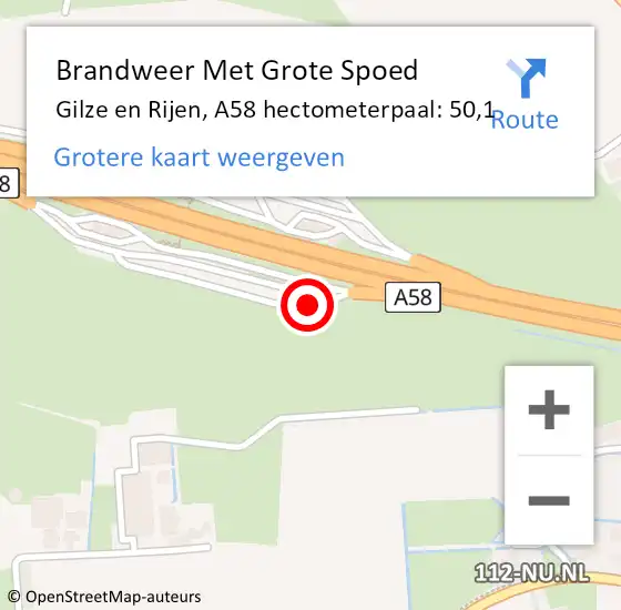 Locatie op kaart van de 112 melding: Brandweer Met Grote Spoed Naar Gilze en Rijen, A58 hectometerpaal: 50,1 op 3 december 2024 09:07