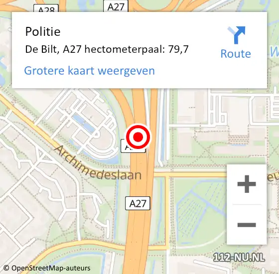 Locatie op kaart van de 112 melding: Politie De Bilt, A27 hectometerpaal: 79,7 op 3 december 2024 09:35