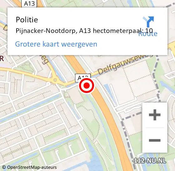 Locatie op kaart van de 112 melding: Politie Pijnacker-Nootdorp, A13 hectometerpaal: 10 op 3 december 2024 09:47