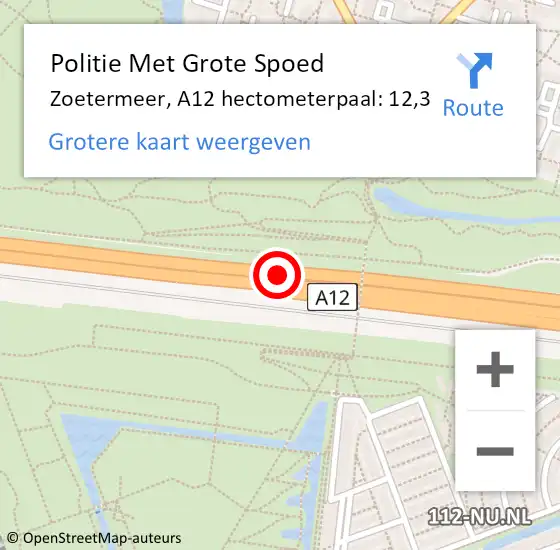 Locatie op kaart van de 112 melding: Politie Met Grote Spoed Naar Zoetermeer, A12 hectometerpaal: 12,3 op 3 december 2024 10:25