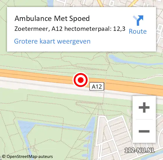 Locatie op kaart van de 112 melding: Ambulance Met Spoed Naar Zoetermeer, A12 hectometerpaal: 12,3 op 3 december 2024 10:30