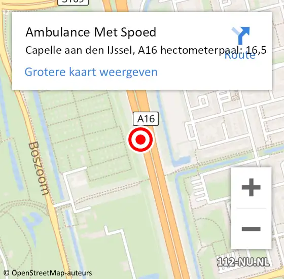 Locatie op kaart van de 112 melding: Ambulance Met Spoed Naar Capelle aan den IJssel, A16 hectometerpaal: 16,5 op 3 december 2024 12:38