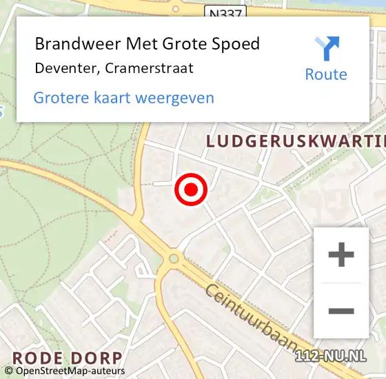 Locatie op kaart van de 112 melding: Brandweer Met Grote Spoed Naar Deventer, Cramerstraat op 3 december 2024 13:00