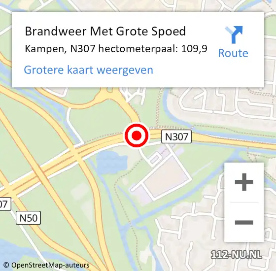 Locatie op kaart van de 112 melding: Brandweer Met Grote Spoed Naar Kampen, N307 hectometerpaal: 109,9 op 3 december 2024 15:25