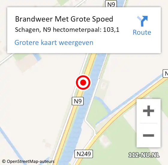 Locatie op kaart van de 112 melding: Brandweer Met Grote Spoed Naar Schagen, N9 hectometerpaal: 103,1 op 3 december 2024 15:28