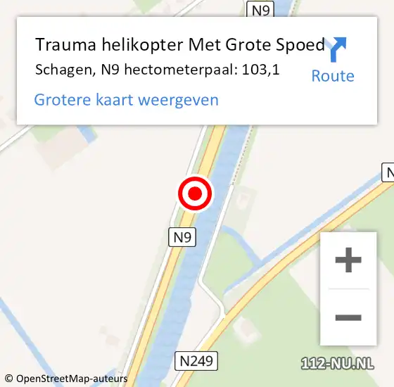 Locatie op kaart van de 112 melding: Trauma helikopter Met Grote Spoed Naar Schagen, N9 hectometerpaal: 103,1 op 3 december 2024 15:30