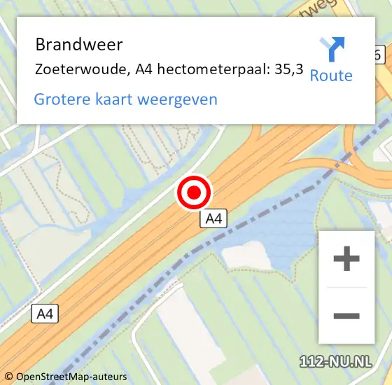 Locatie op kaart van de 112 melding: Brandweer Zoeterwoude, A4 hectometerpaal: 35,3 op 3 december 2024 15:52