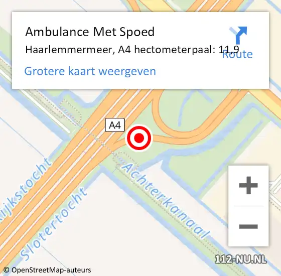 Locatie op kaart van de 112 melding: Ambulance Met Spoed Naar Haarlemmermeer, A4 hectometerpaal: 11,9 op 3 december 2024 16:01