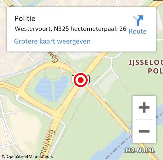 Locatie op kaart van de 112 melding: Politie Westervoort, N325 hectometerpaal: 26 op 3 december 2024 16:17