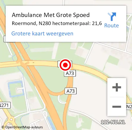 Locatie op kaart van de 112 melding: Ambulance Met Grote Spoed Naar Roermond, N280 hectometerpaal: 21,6 op 3 december 2024 17:30