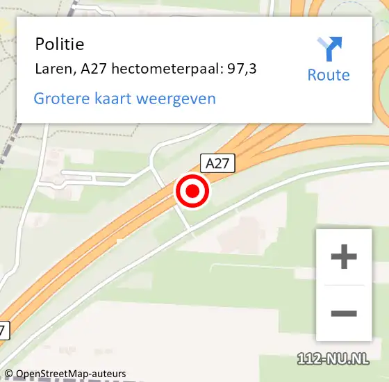 Locatie op kaart van de 112 melding: Politie Laren, A27 hectometerpaal: 97,3 op 3 december 2024 17:41