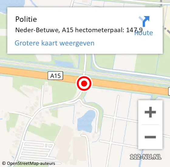 Locatie op kaart van de 112 melding: Politie Neder-Betuwe, A15 hectometerpaal: 147,9 op 3 december 2024 17:41