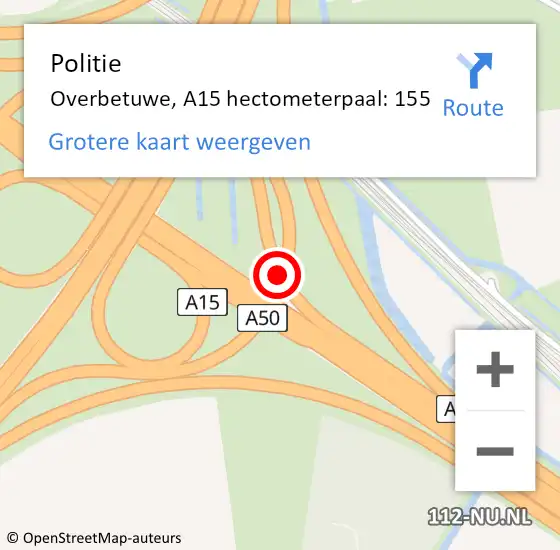 Locatie op kaart van de 112 melding: Politie Overbetuwe, A15 hectometerpaal: 155 op 3 december 2024 19:21