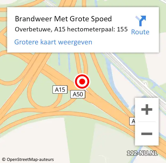 Locatie op kaart van de 112 melding: Brandweer Met Grote Spoed Naar Overbetuwe, A15 hectometerpaal: 155 op 3 december 2024 19:25