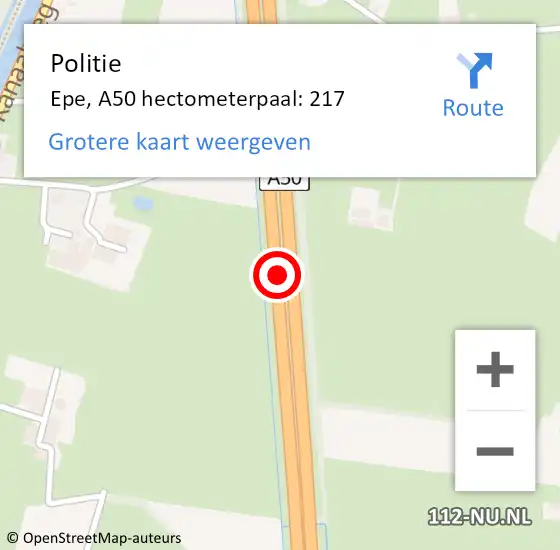 Locatie op kaart van de 112 melding: Politie Epe, A50 hectometerpaal: 217 op 3 december 2024 19:33