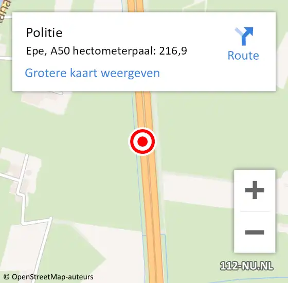 Locatie op kaart van de 112 melding: Politie Epe, A50 hectometerpaal: 216,9 op 3 december 2024 19:34