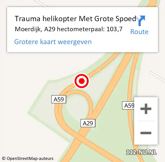 Locatie op kaart van de 112 melding: Trauma helikopter Met Grote Spoed Naar Moerdijk, A29 hectometerpaal: 103,7 op 3 december 2024 19:47