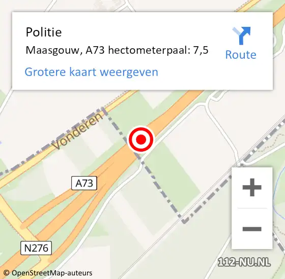 Locatie op kaart van de 112 melding: Politie Maasgouw, A73 hectometerpaal: 7,5 op 3 december 2024 21:39