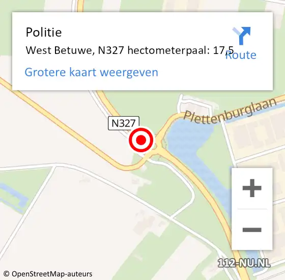 Locatie op kaart van de 112 melding: Politie West Betuwe, N327 hectometerpaal: 17,5 op 3 december 2024 23:20