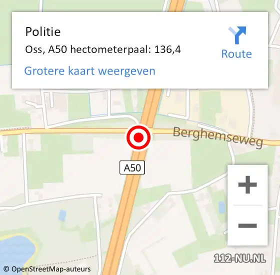 Locatie op kaart van de 112 melding: Politie Oss, A50 hectometerpaal: 136,4 op 4 december 2024 07:03