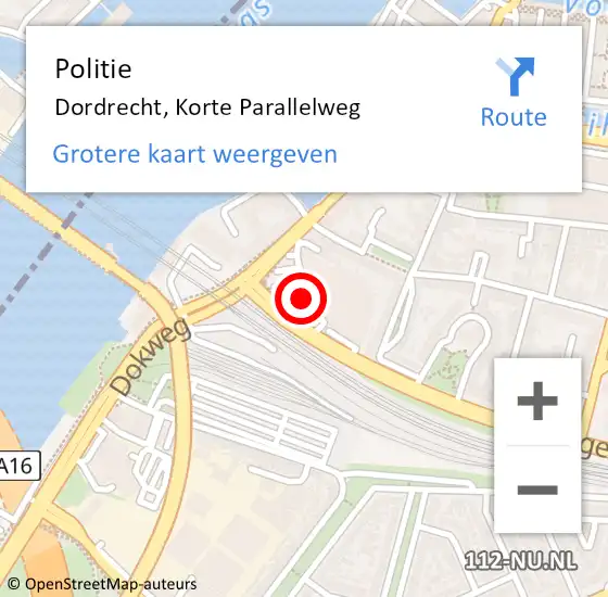 Locatie op kaart van de 112 melding: Politie Dordrecht, Korte Parallelweg op 4 december 2024 11:02