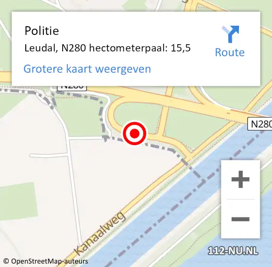 Locatie op kaart van de 112 melding: Politie Leudal, N280 hectometerpaal: 15,5 op 4 december 2024 11:43