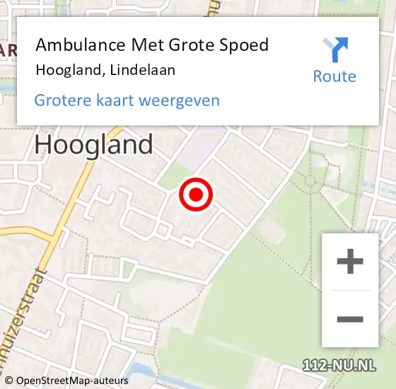 Locatie op kaart van de 112 melding: Ambulance Met Grote Spoed Naar Hoogland, Lindelaan op 29 oktober 2014 09:31