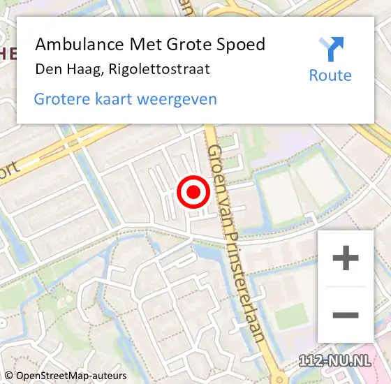 Locatie op kaart van de 112 melding: Ambulance Met Grote Spoed Naar Den Haag, Rigolettostraat op 4 december 2024 12:51