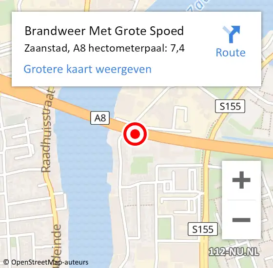 Locatie op kaart van de 112 melding: Brandweer Met Grote Spoed Naar Zaanstad, A8 hectometerpaal: 7,4 op 4 december 2024 15:09