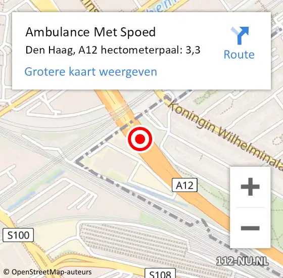 Locatie op kaart van de 112 melding: Ambulance Met Spoed Naar Den Haag, A12 hectometerpaal: 3,3 op 4 december 2024 15:51