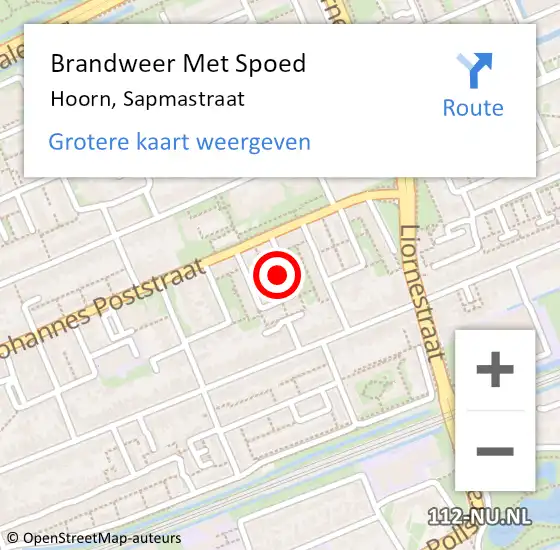 Locatie op kaart van de 112 melding: Brandweer Met Spoed Naar Hoorn, Sapmastraat op 4 december 2024 16:04